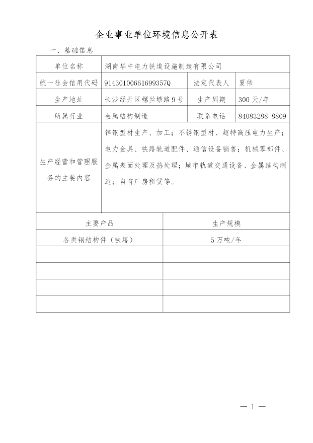 湖南尊龙凯时新型电力铁道设施制造有限公司2019年度企业事业单位环境信息公开表(图1)